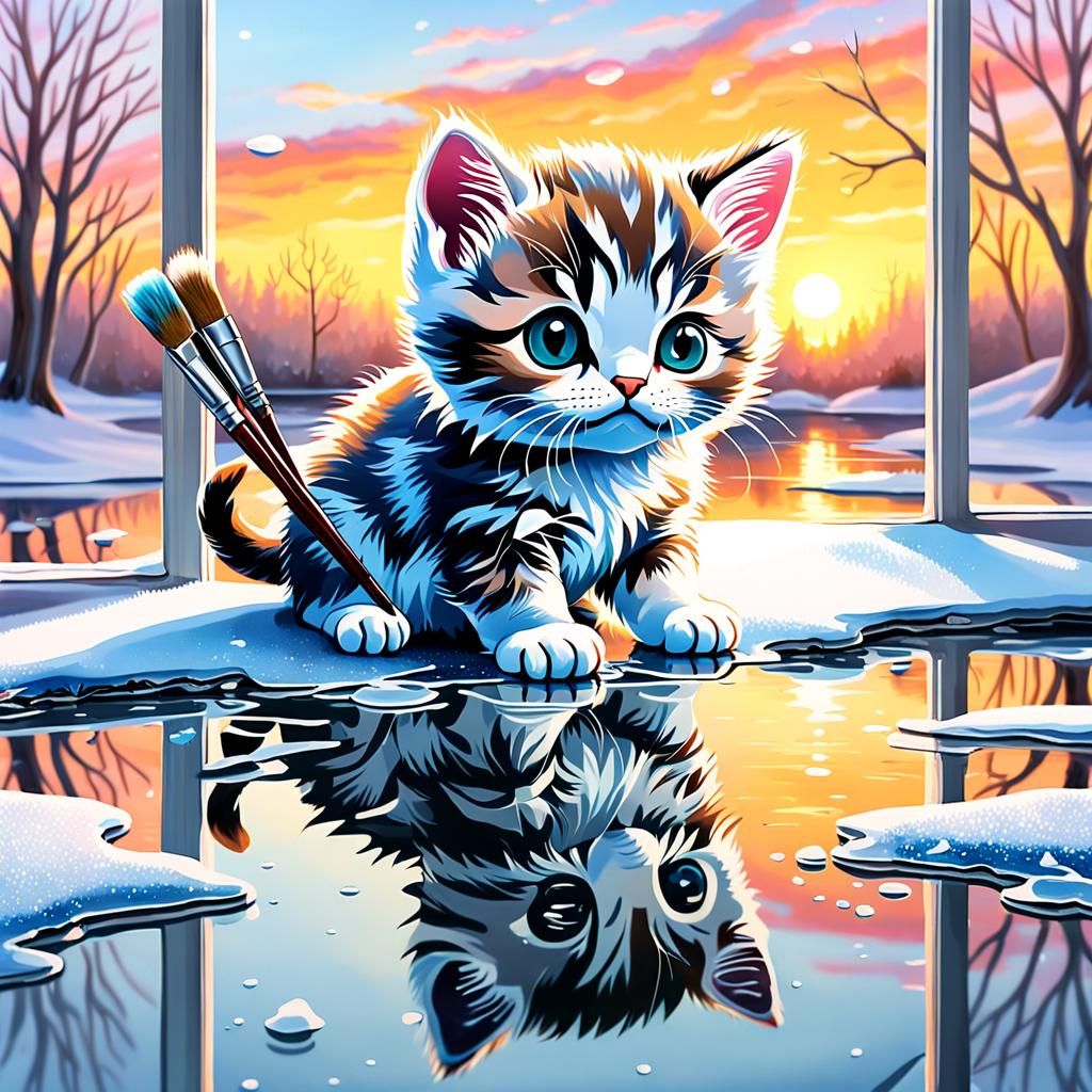 Kitten Painted on Frosty Window at Sunset