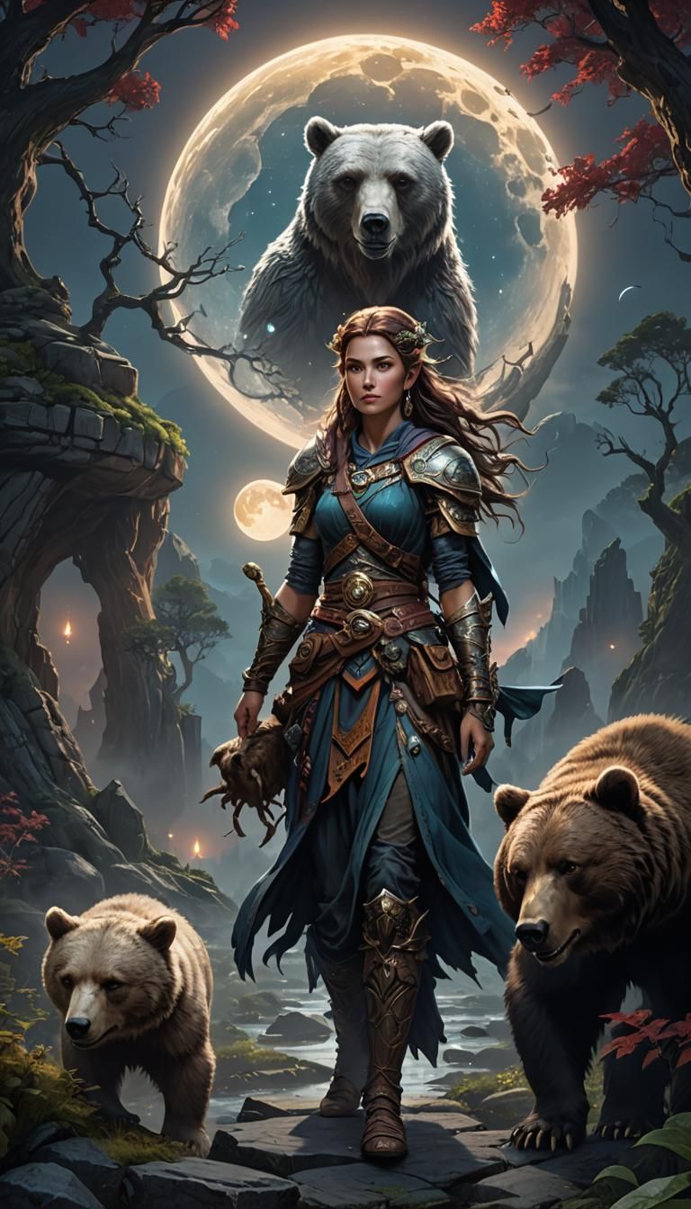 Druid with Bear Companion in Dungeons and Dragons Style