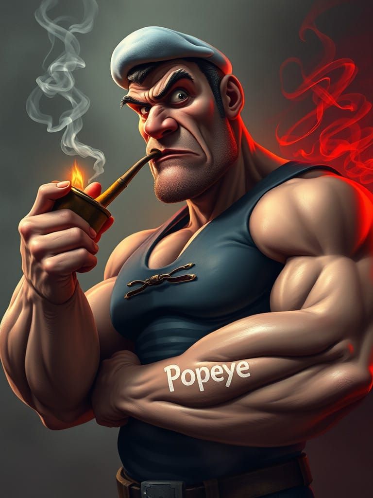 Fierce, muscular Popeye, exaggerated caricature