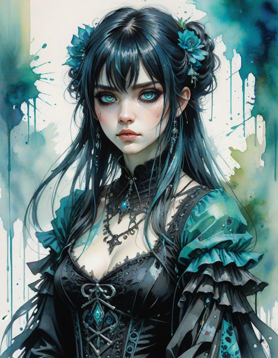 Anime Goth Girl Portrait in Watercolor Style