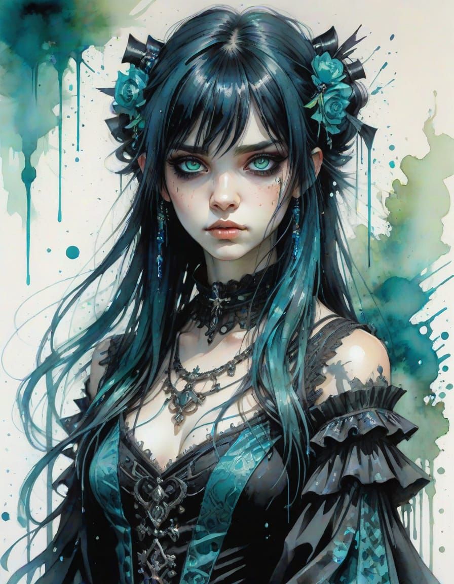 Ethereal Anime Goth Princess in Watercolor Style