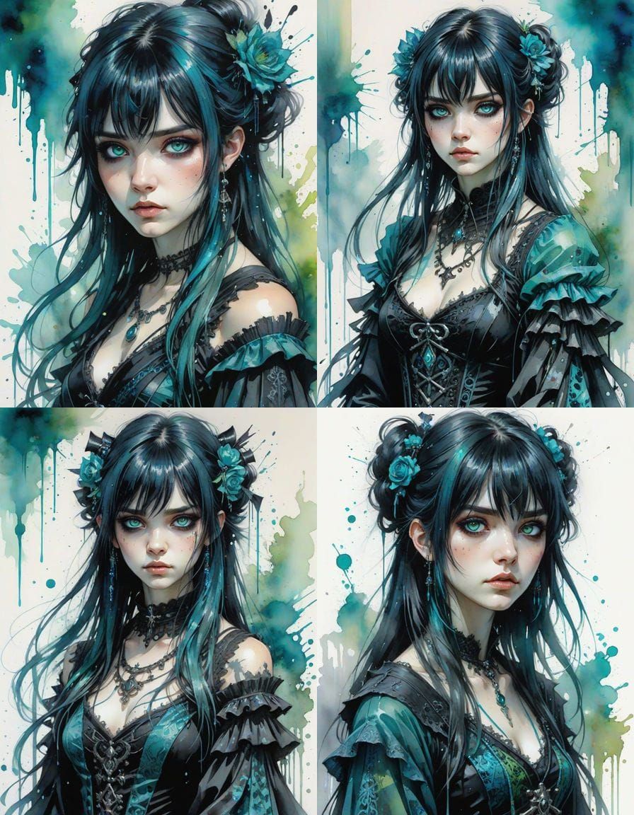 Anime Goth Princess in Dark Fantasy Watercolor Art
