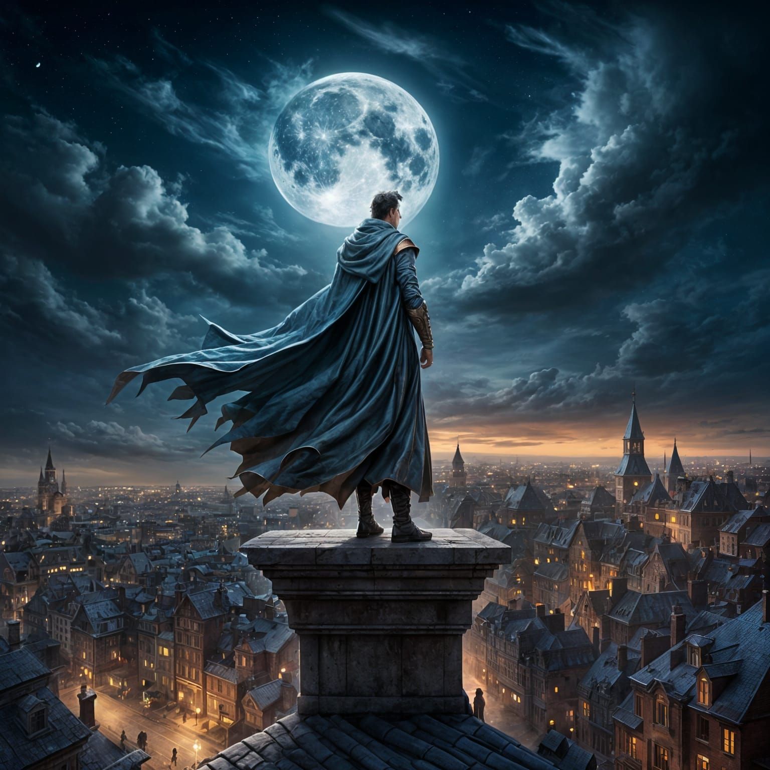 Caped Figure on Rooftop in Street Art Style