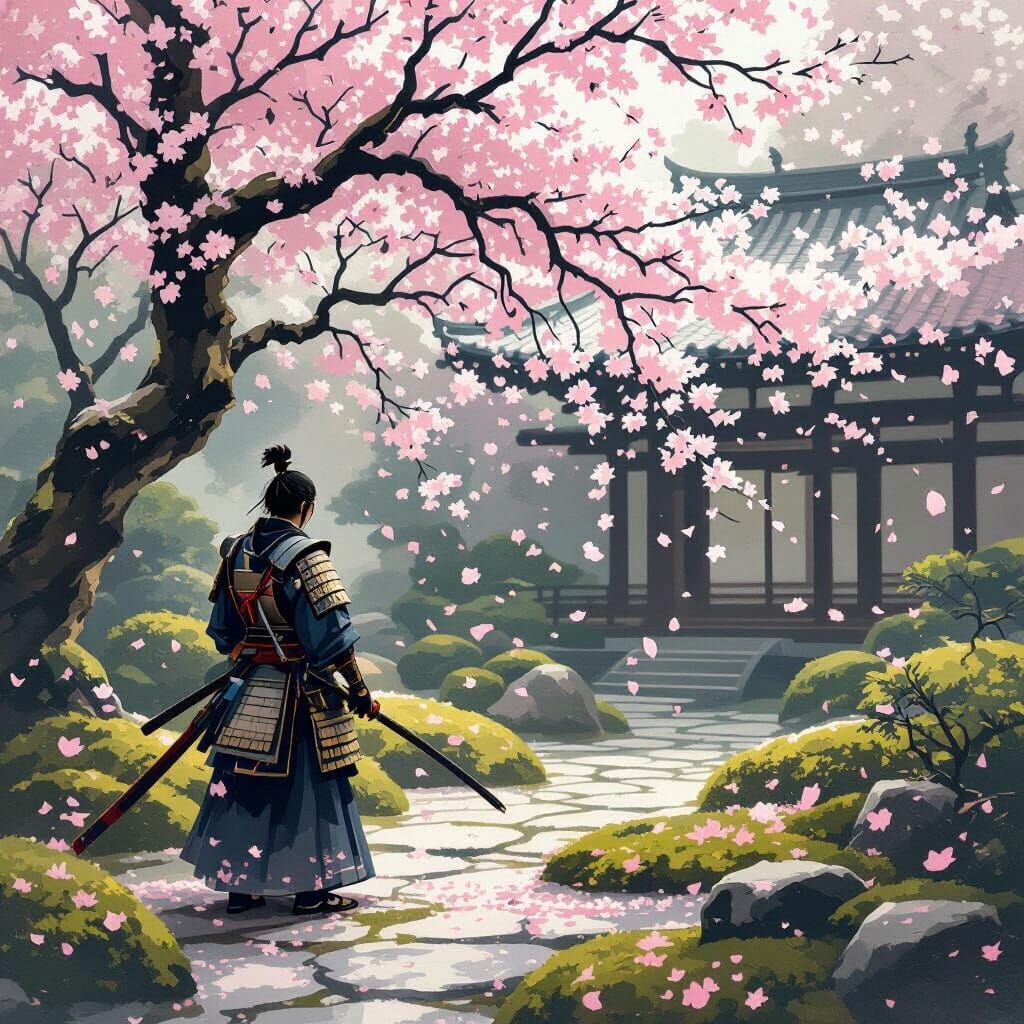 Samurai in Japanese Garden with Drifting Cherry Blossoms