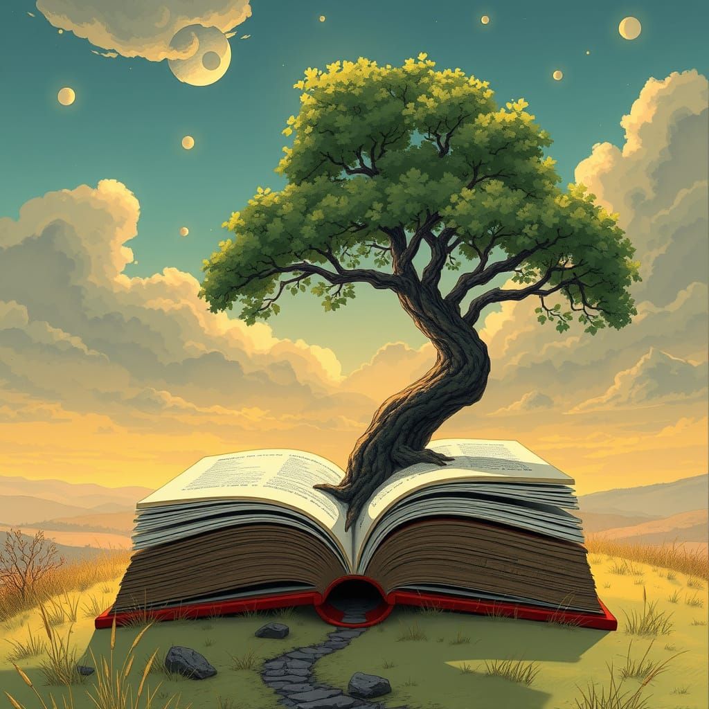 Majestic Tree Growing From Open Book at Sunset