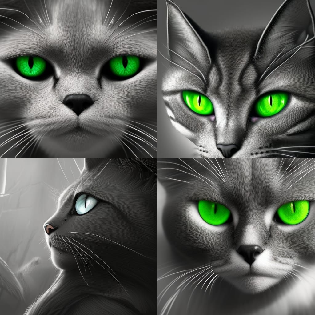 Monochrome Cat Portrait with Green Eyes