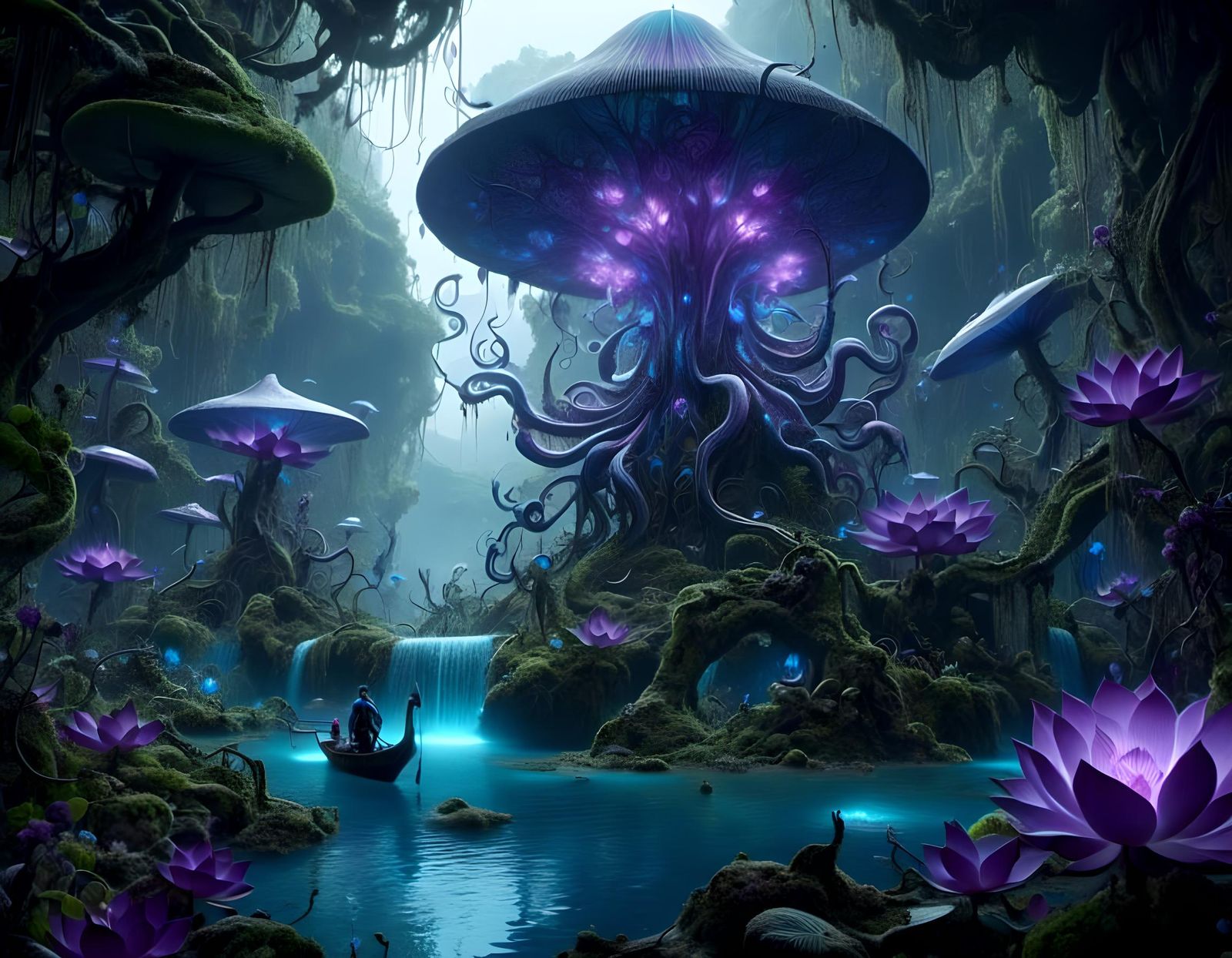 Alien Jungle Valley with Purple Plants and Blue Trees