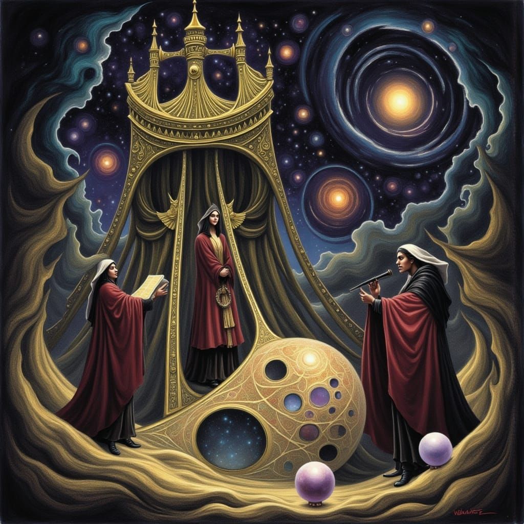 Gothic Observatory with Brass Telescopes and Celestial Maps