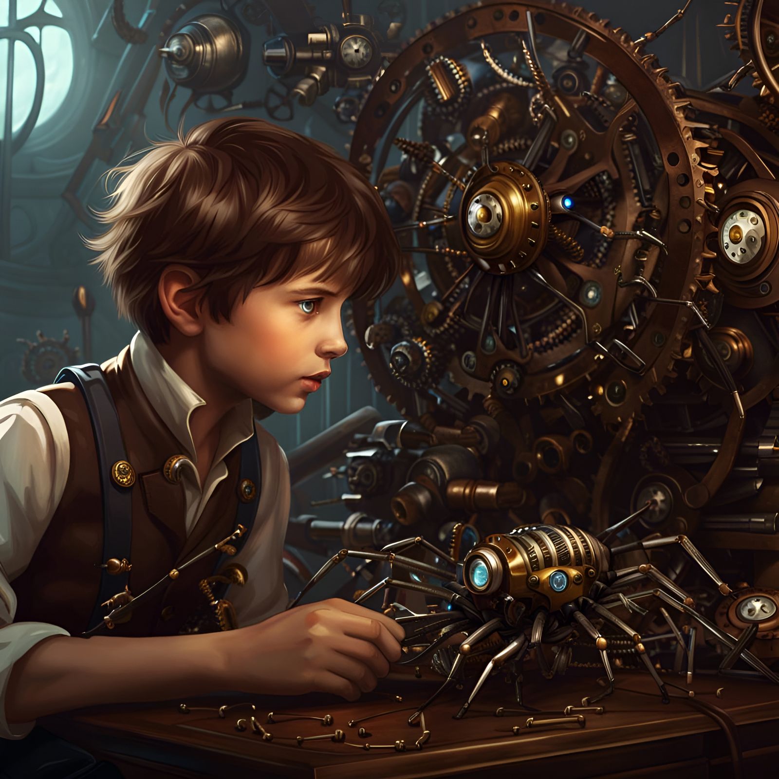 Boy with Mechanical Spiders in Steampunk Style