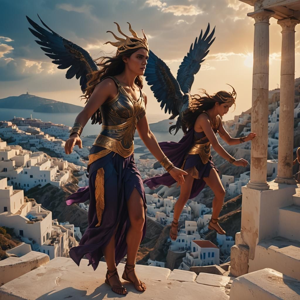 Harpies Clash with Zeus Over Santorini in Dramatic Lighting