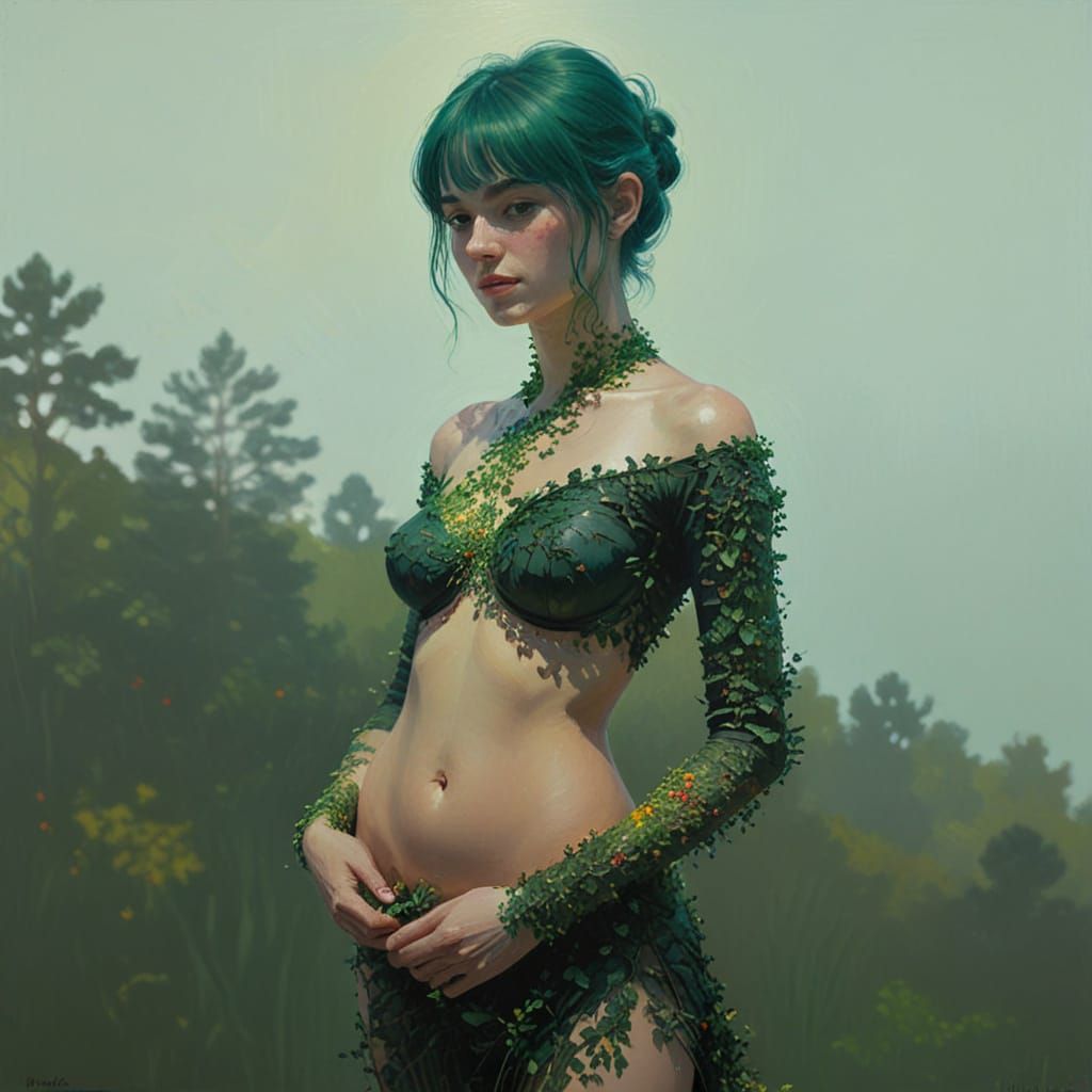 Impressionist Woman in Nature with Lush Greenery