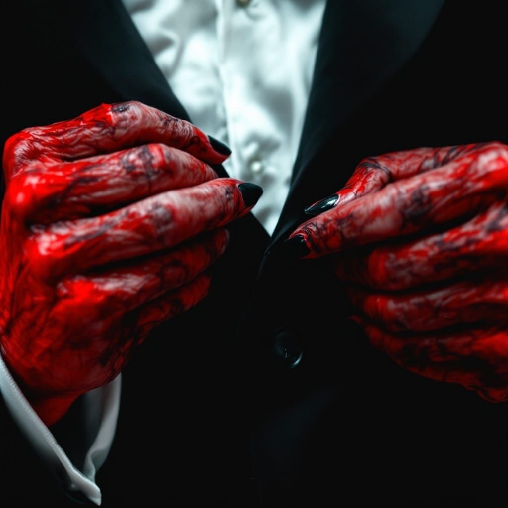 Demonic Hands Buttoning a Black Suit Jacket