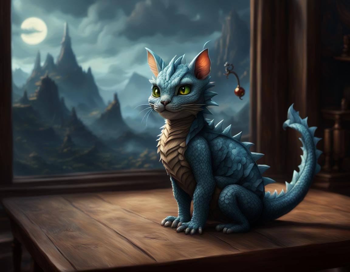 Adorable Feline Dragon in Cozy Fantasy Room