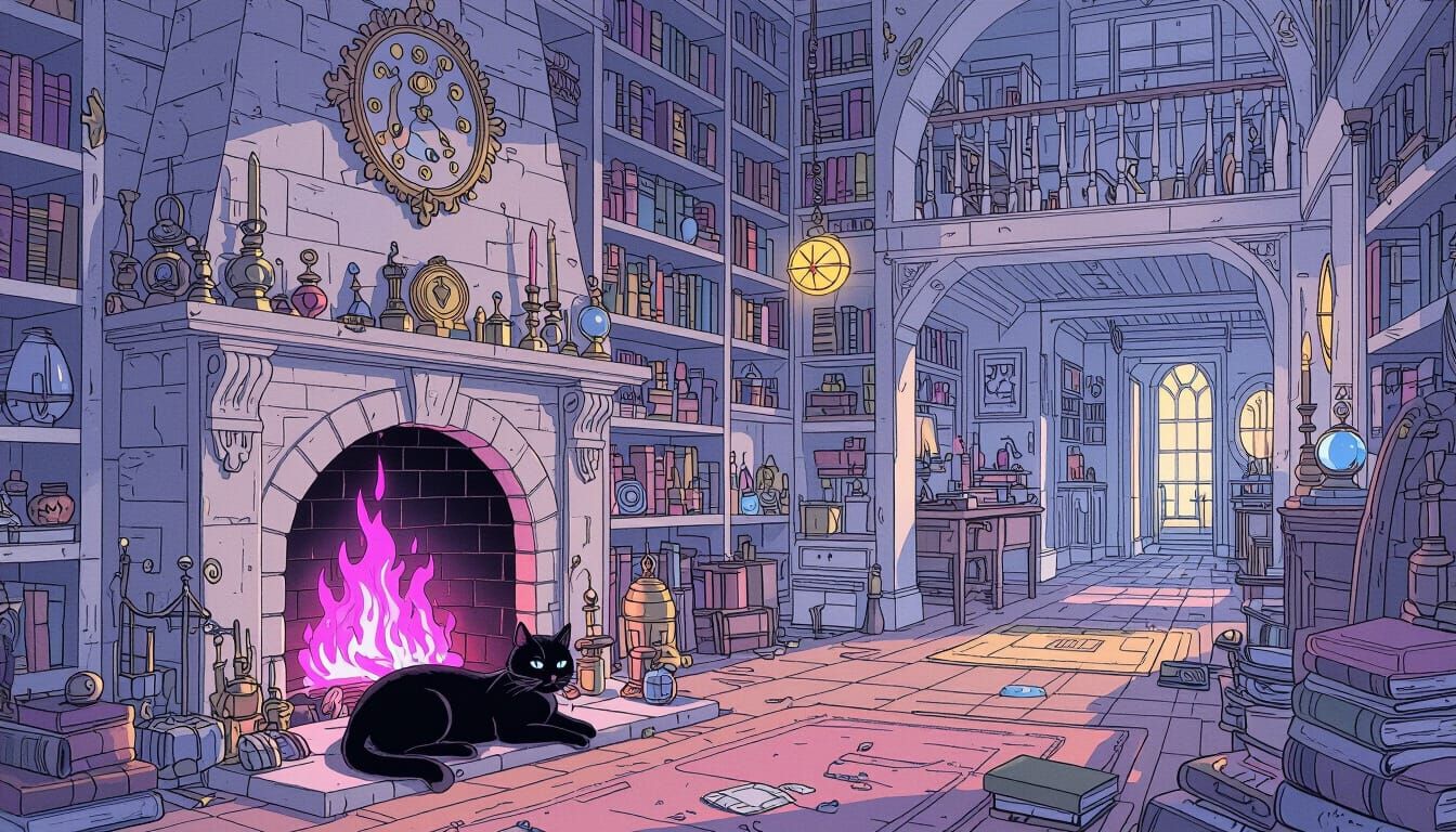 Black Cat by Lavender Fireplace in Vast Room