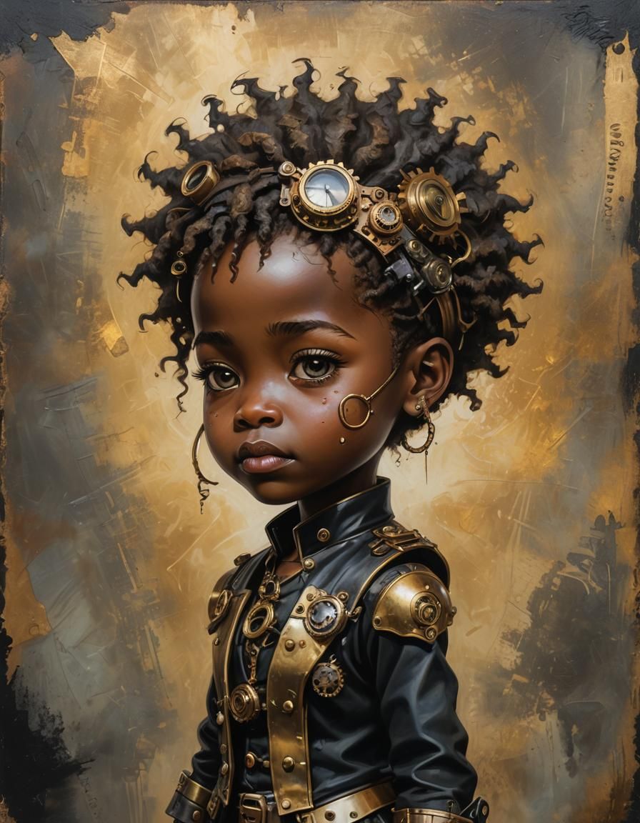 Steampunk African Chibi Portrait in Oil Painting Style