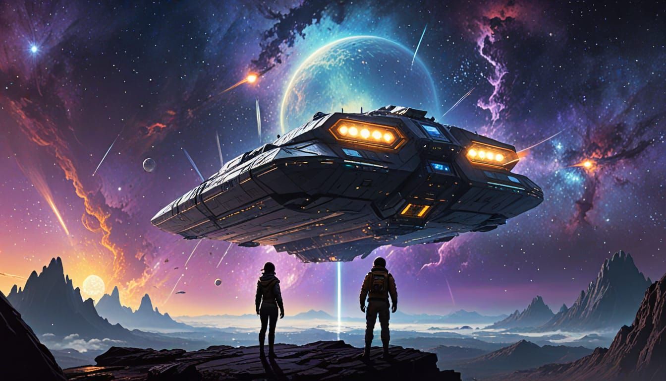 Couple Watches Ringstation from Spaceship in Nebula