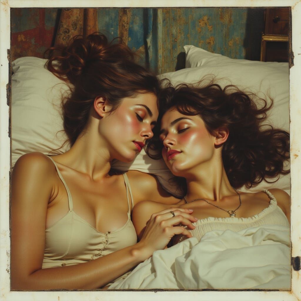 Intimate Moment of Two Women in Bed, Vintage Polaroid Style