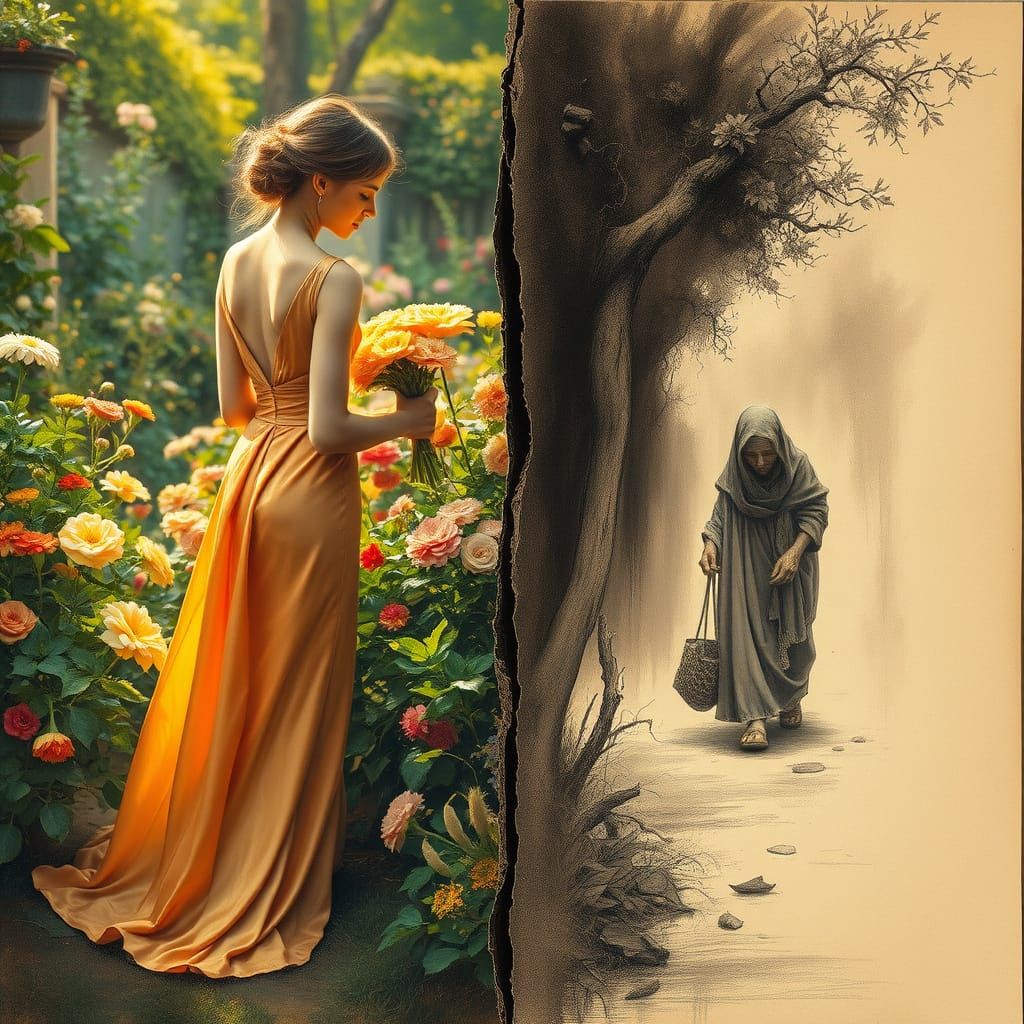 Elegant Woman and Old Woman in Contrasting Gardens