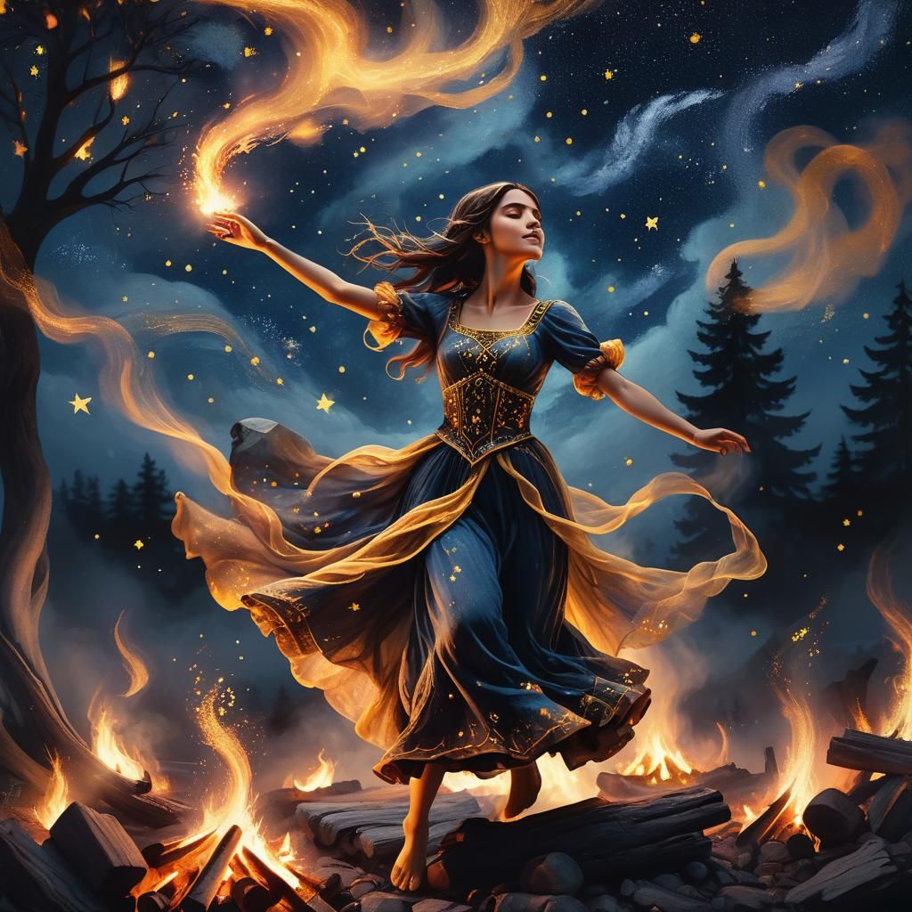 Ethereal Woman Dancing Under Starry Sky