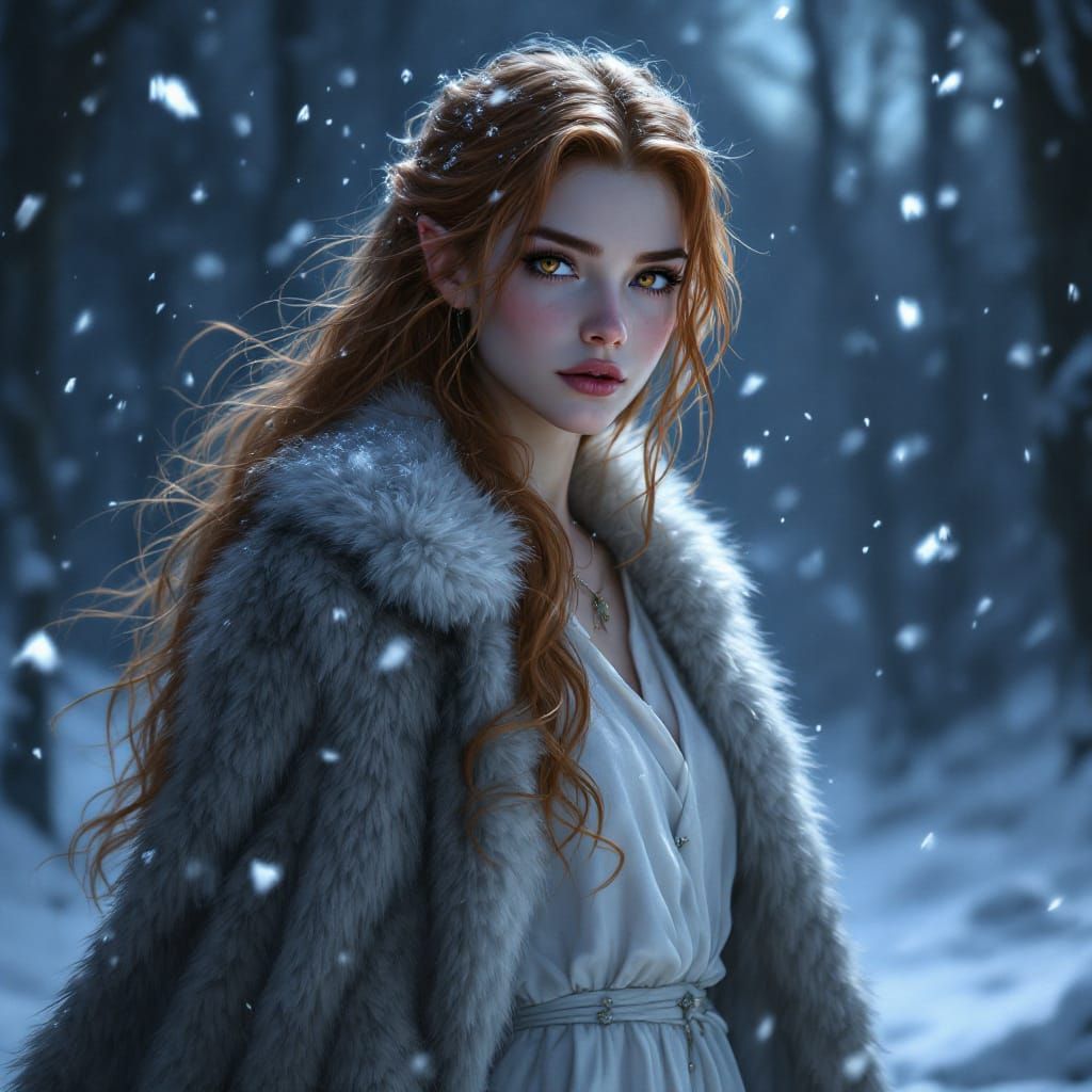 Elven Princess in Snowy Night Fantasy Illustration