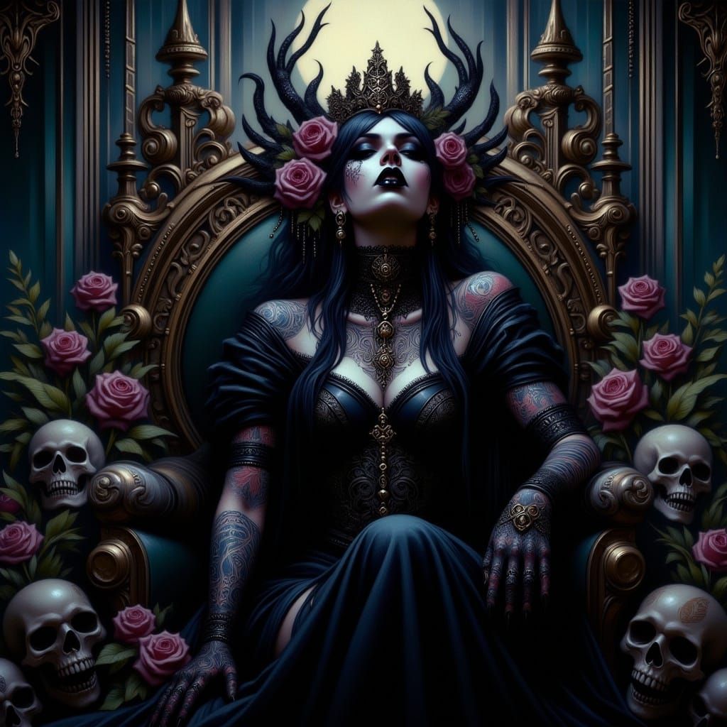 Gothic Witch Queen on Skull Throne in Moonlight
