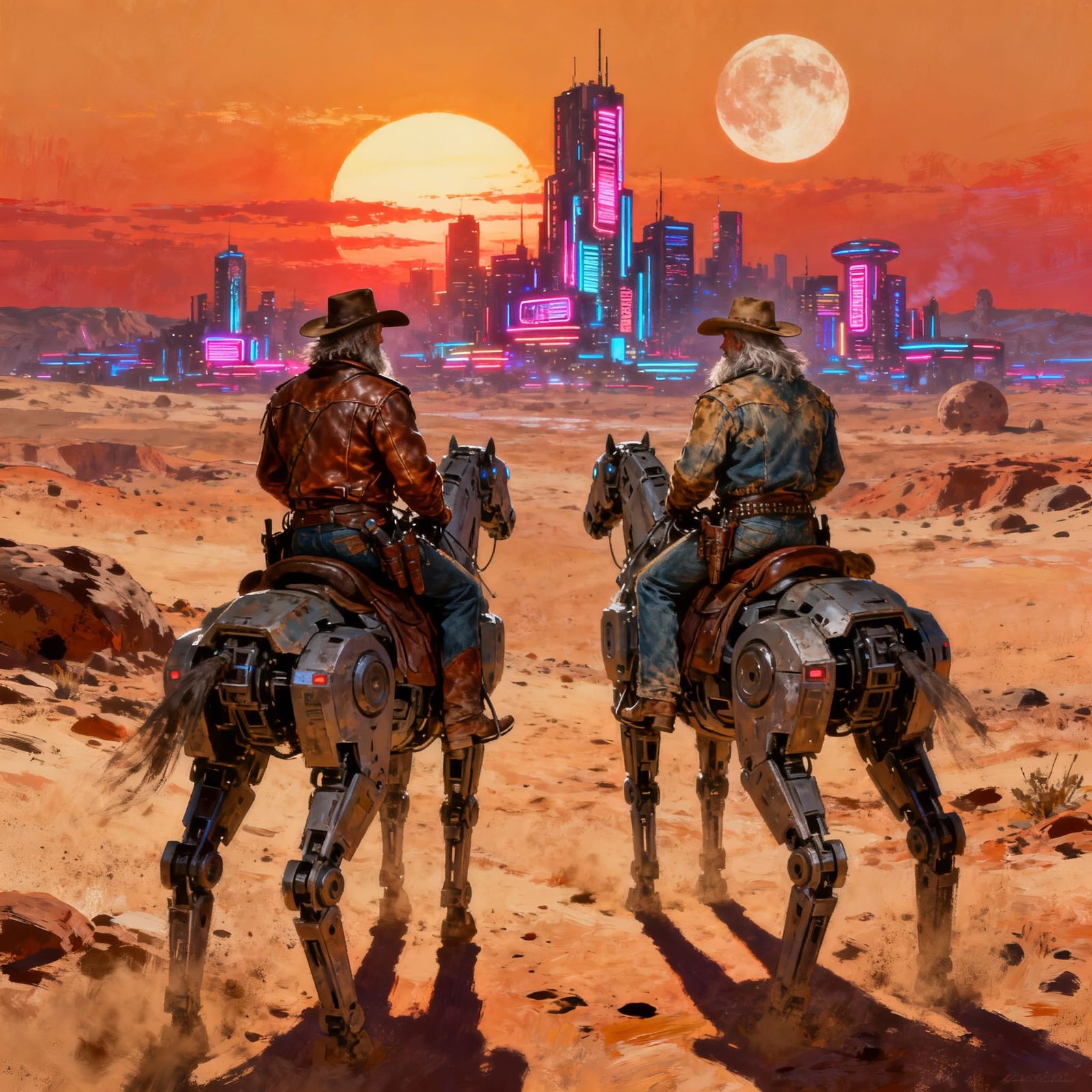 Space Cowboys on Alien Planet with Cyberpunk City