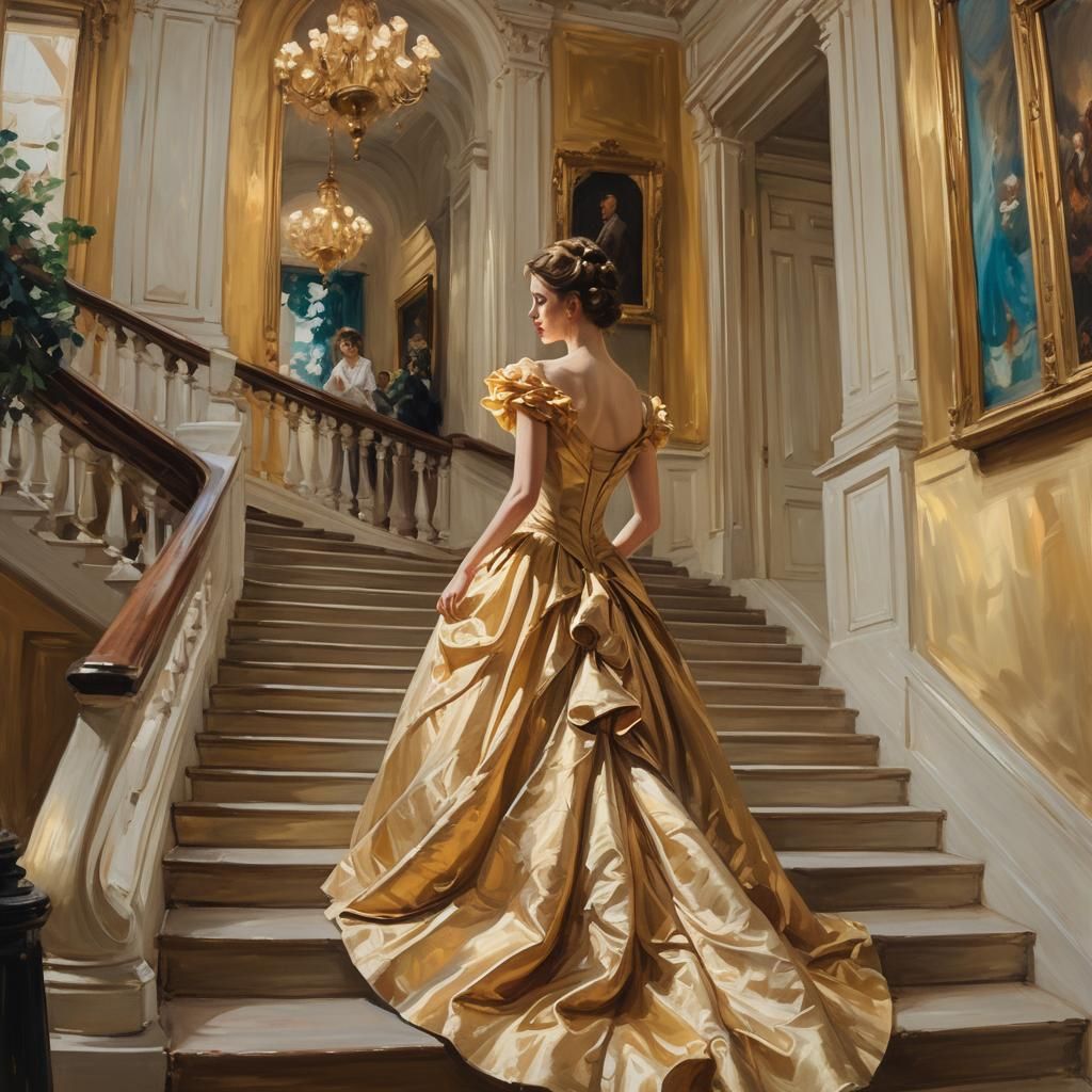 Woman in Ball Gown: Romantic Oil Painting
