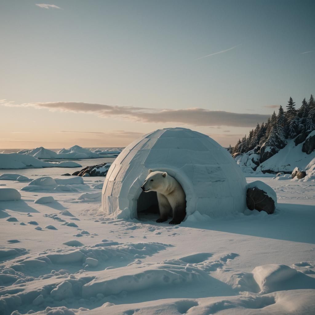 Polar Bear on Ice Floe at Sunset