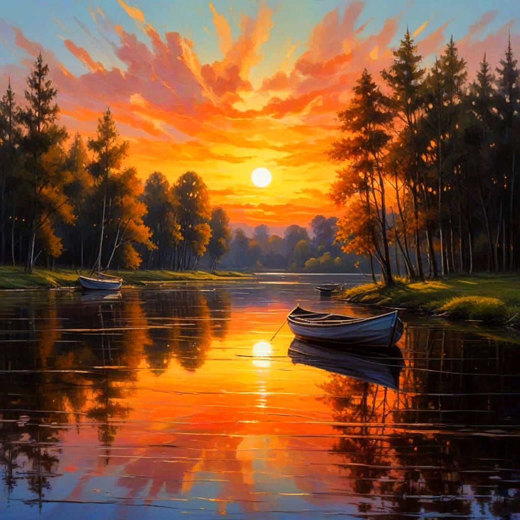 Warm Sunset Scene with Boats and Silhouetted Trees