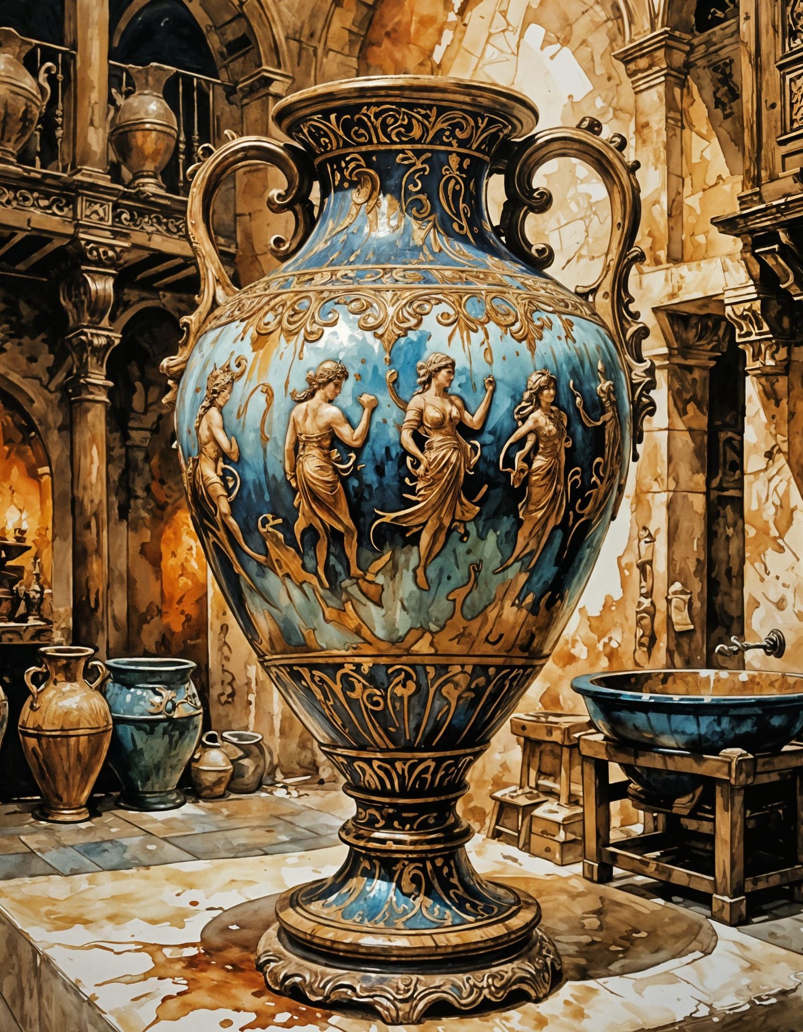 Ornate Amphora in Galleon Hold, Impressionist Splash Art