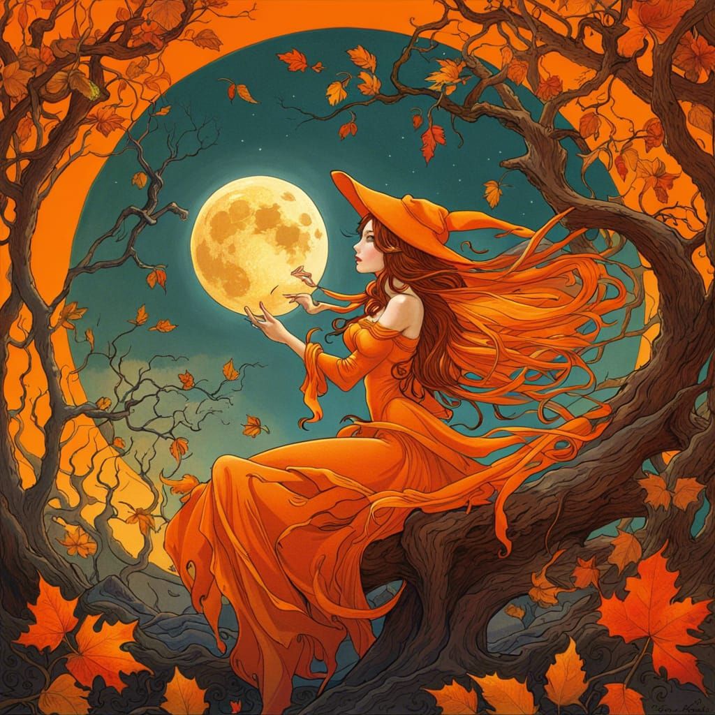 Autumn Fairy Witch with Orange Moon, Carne Griffiths Style