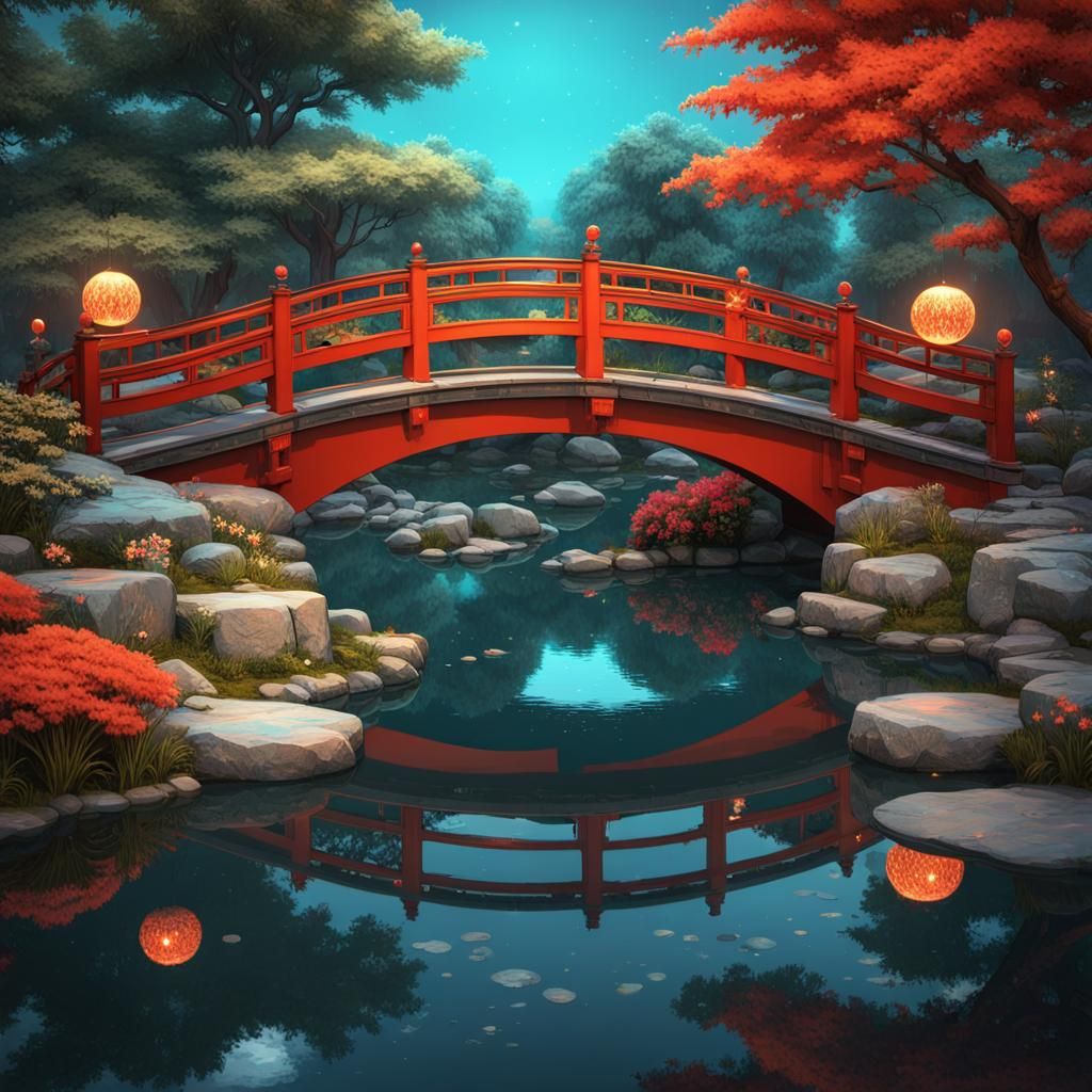 Red Bridge in Japanese Garden with Floral Details