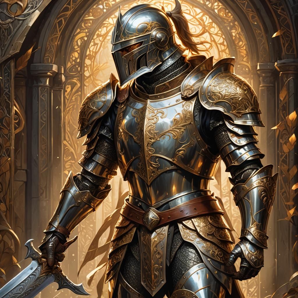 Half-Elf Knight in Iron Armor with Sword