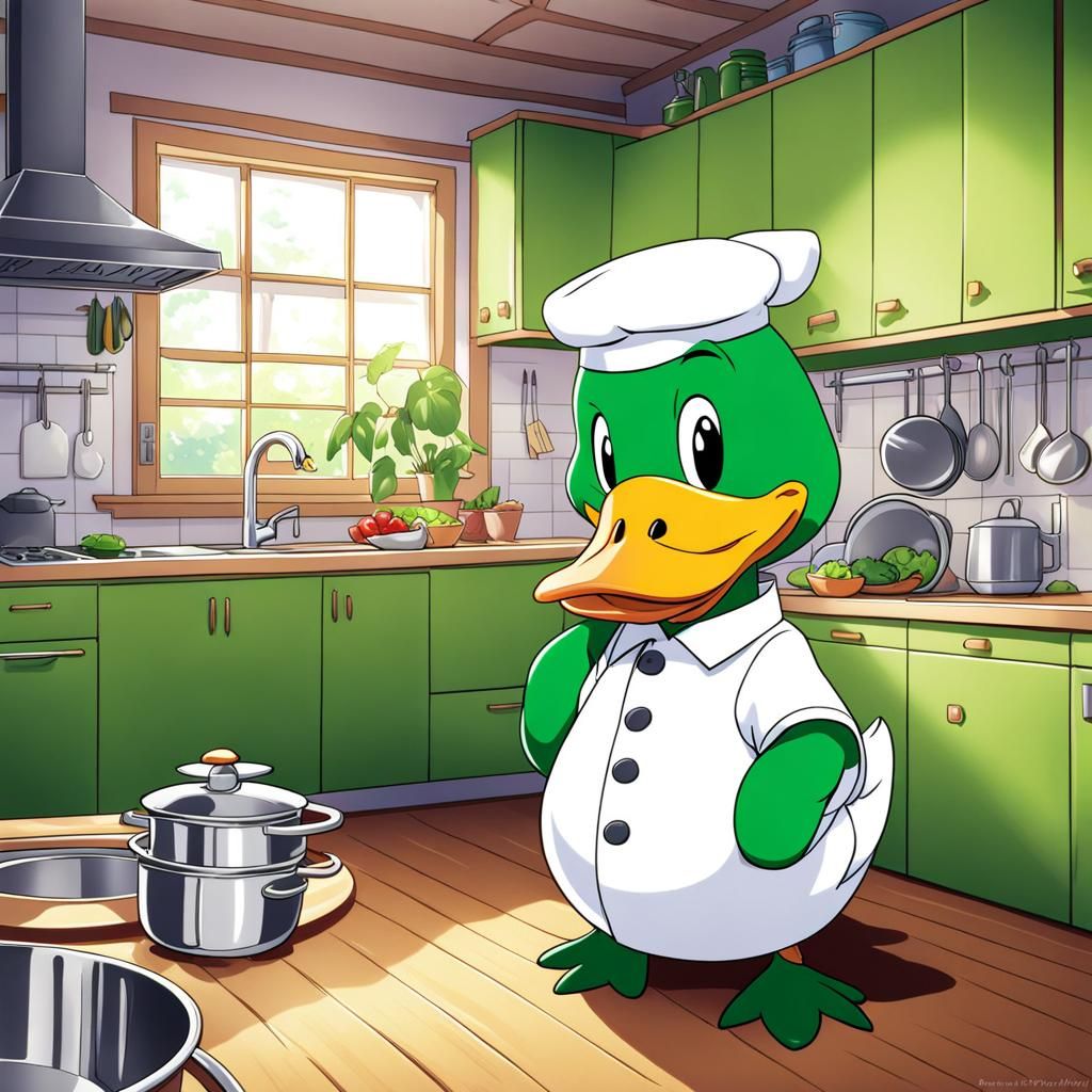 Green Duck in Anime Kitchen Scene
