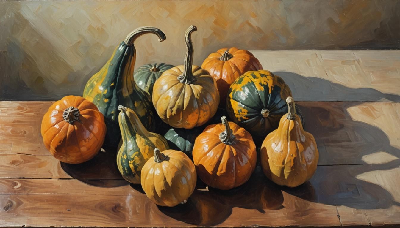 Impressionist Gourds Still Life in Warm Golden Light
