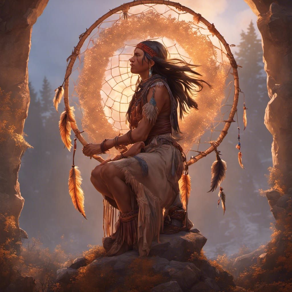 Native American Mother Creating Dreamcatcher: Digital Art