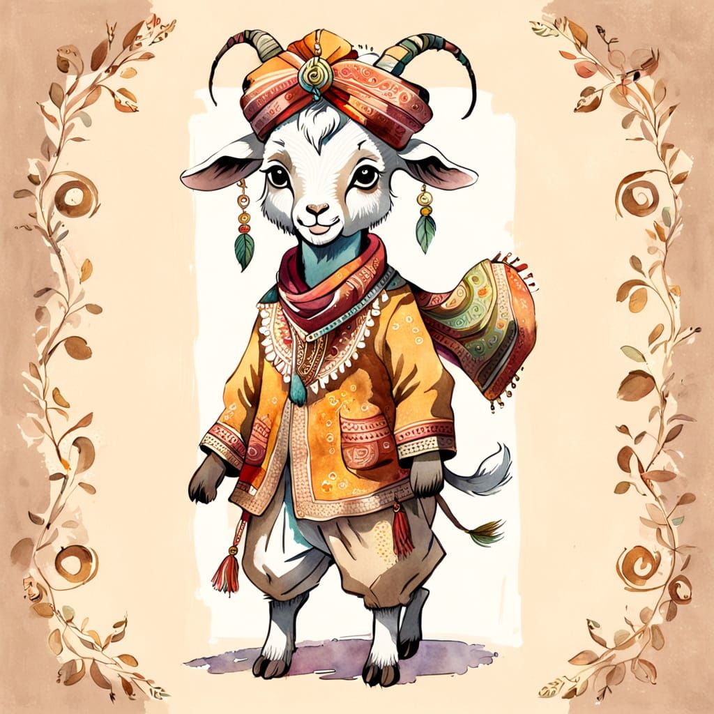 Goat Cub in Indian Attire, Watercolor Sketch