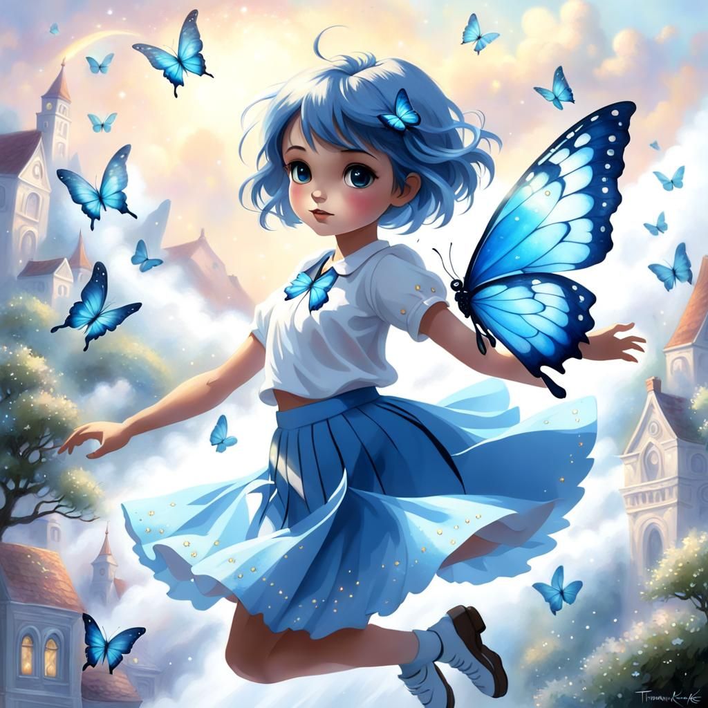 Girl with Butterfly Wings Flying in Sky