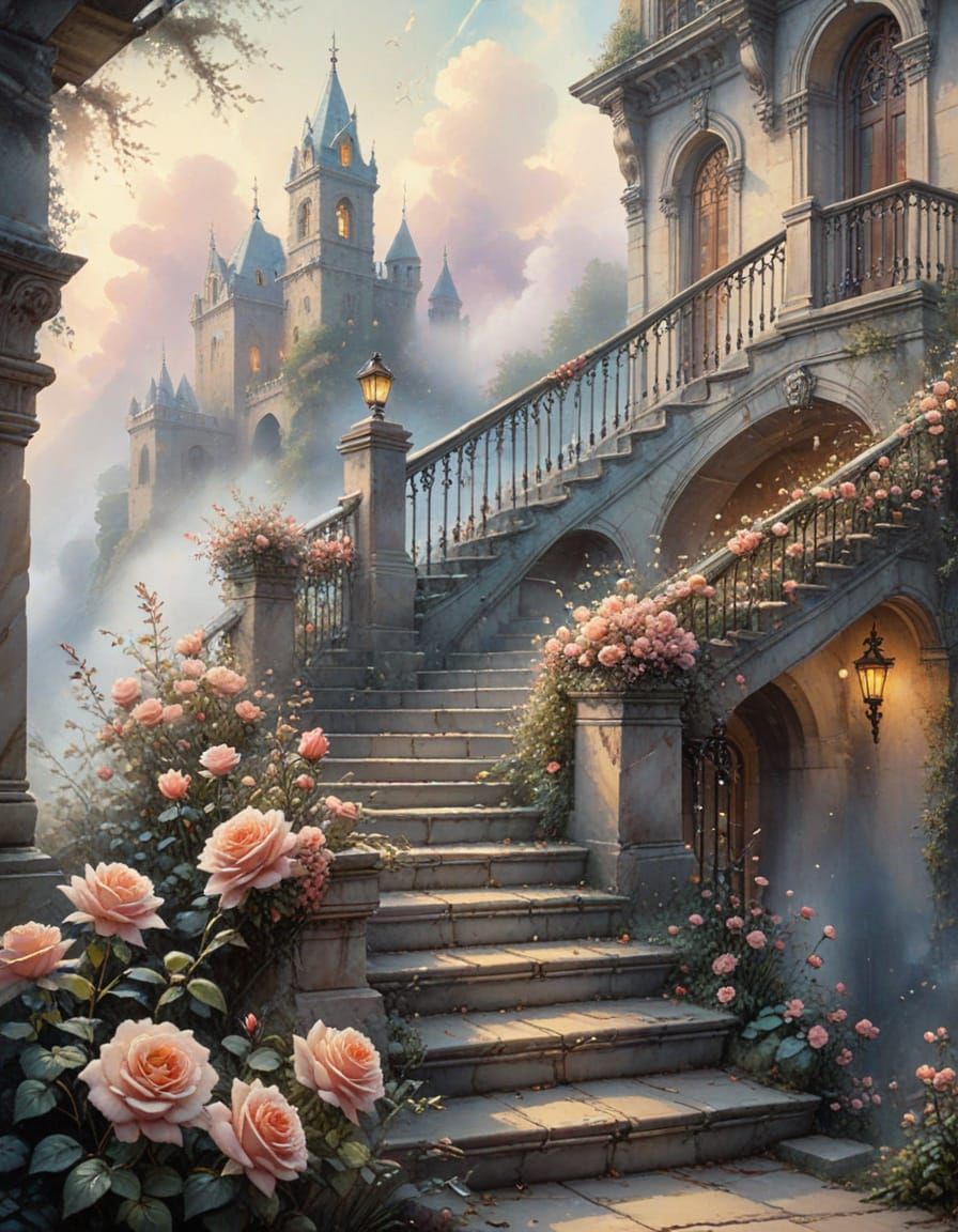 Ethereal Castle Stairs Amidst Roses