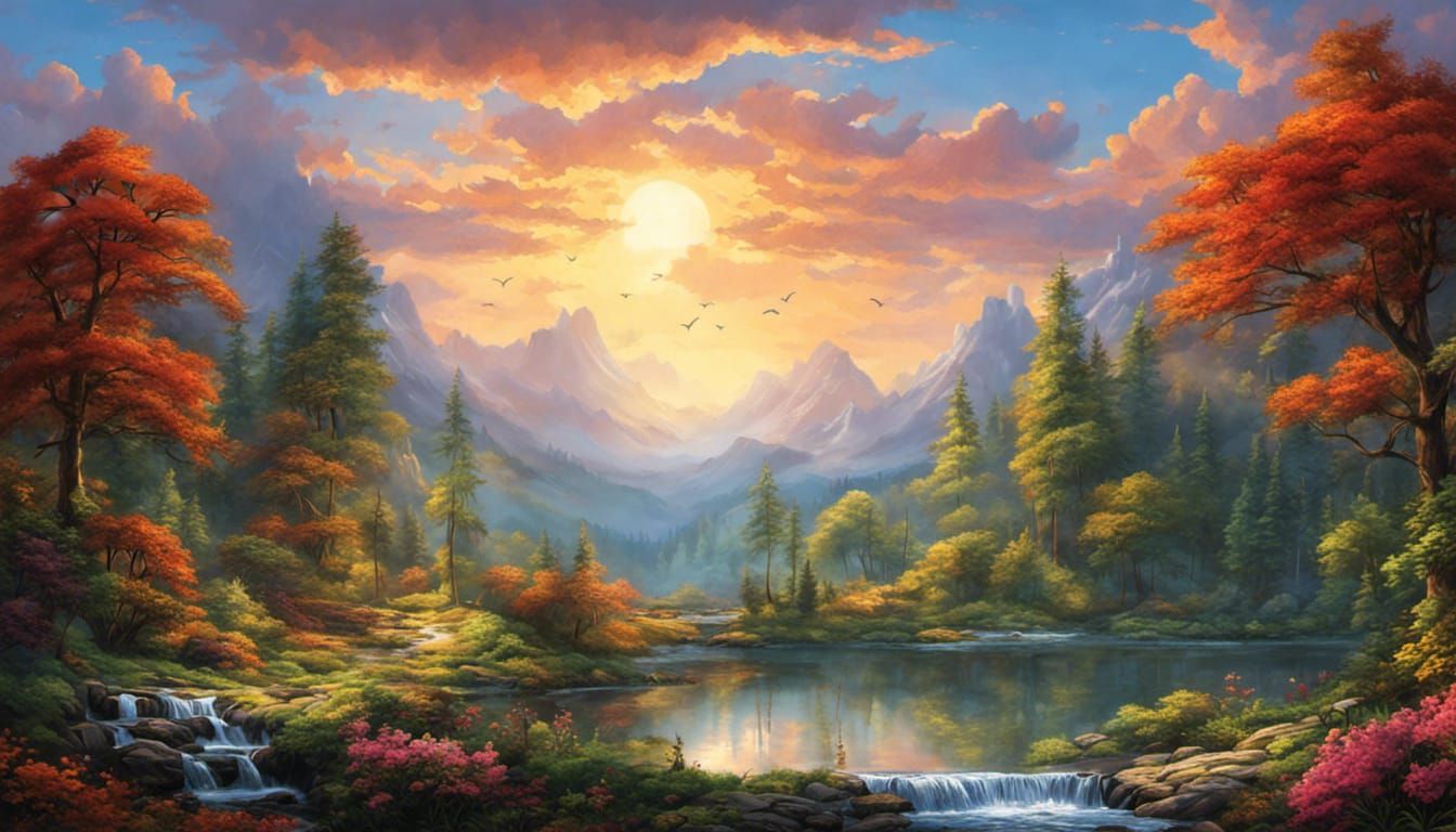 Majestic Mountain Landscape with Rainbow Waterfall