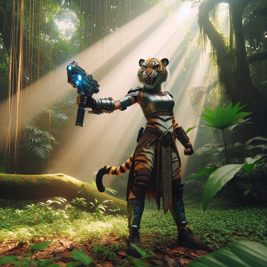 Fierce Sabre-Toothed Tiger Warrior in Jungle Clearing