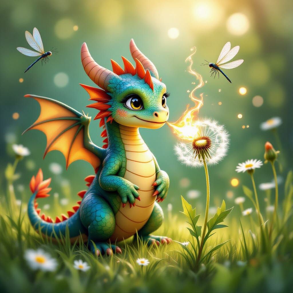 Joyful Baby Dragon Breathes Golden Fire on Dandelion