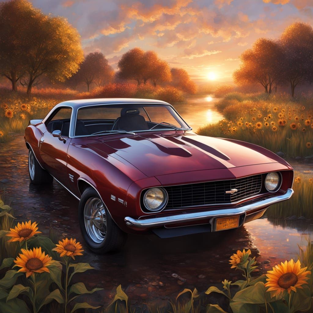 Vibrant Cherry Red Camaro in Sunset Countryside with Sunflow...