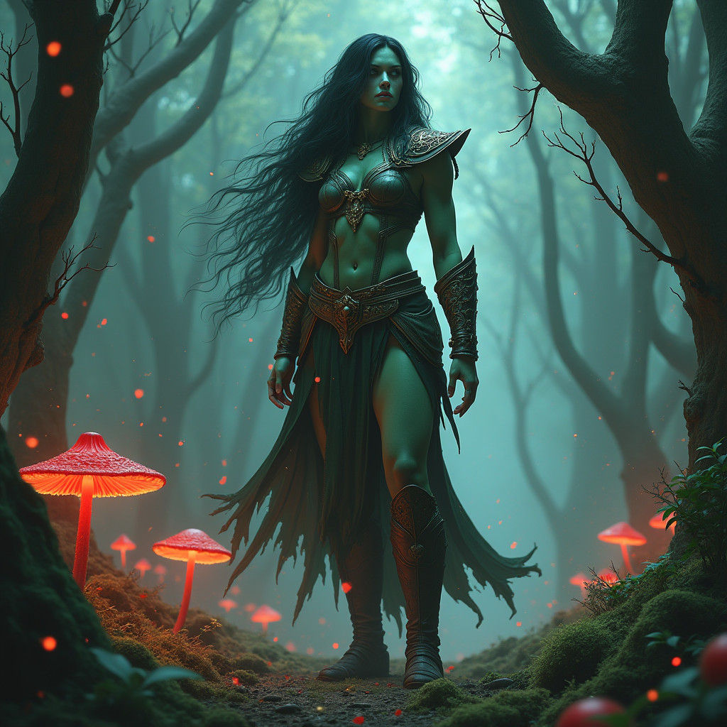 Elven-Orc Warrior in Mystical Forest, Matte Painting