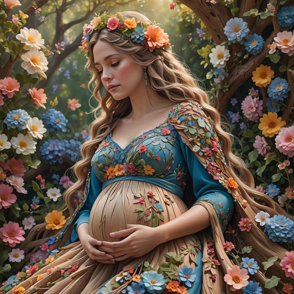 Wooden Statue of Pregnant Woman in Floral Gown