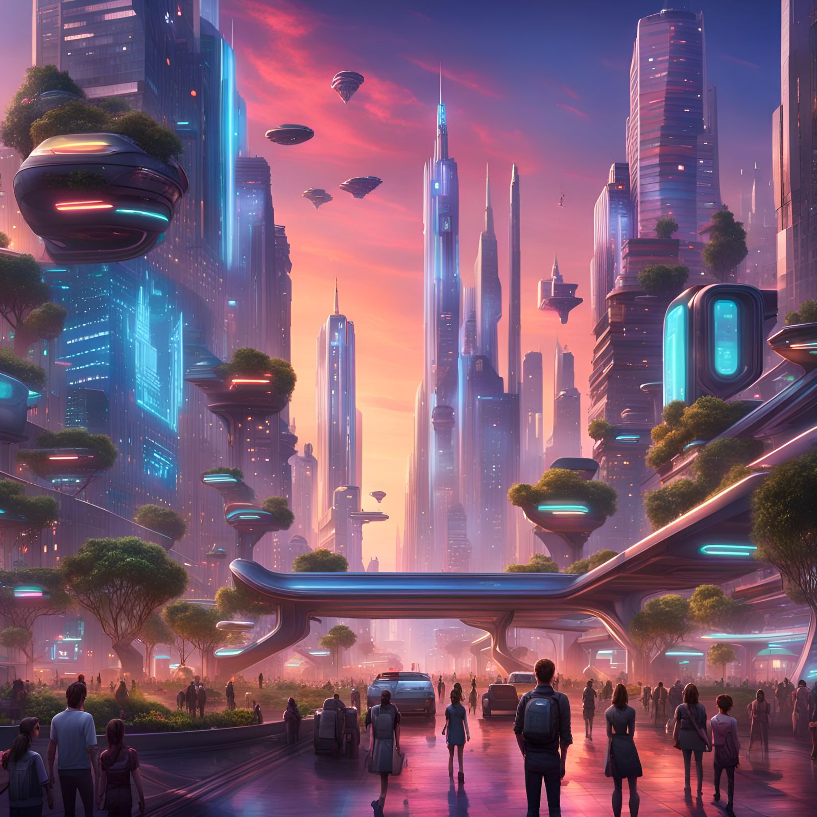 Futuristic Cityscape at Dusk with Androids in Hyperrealism