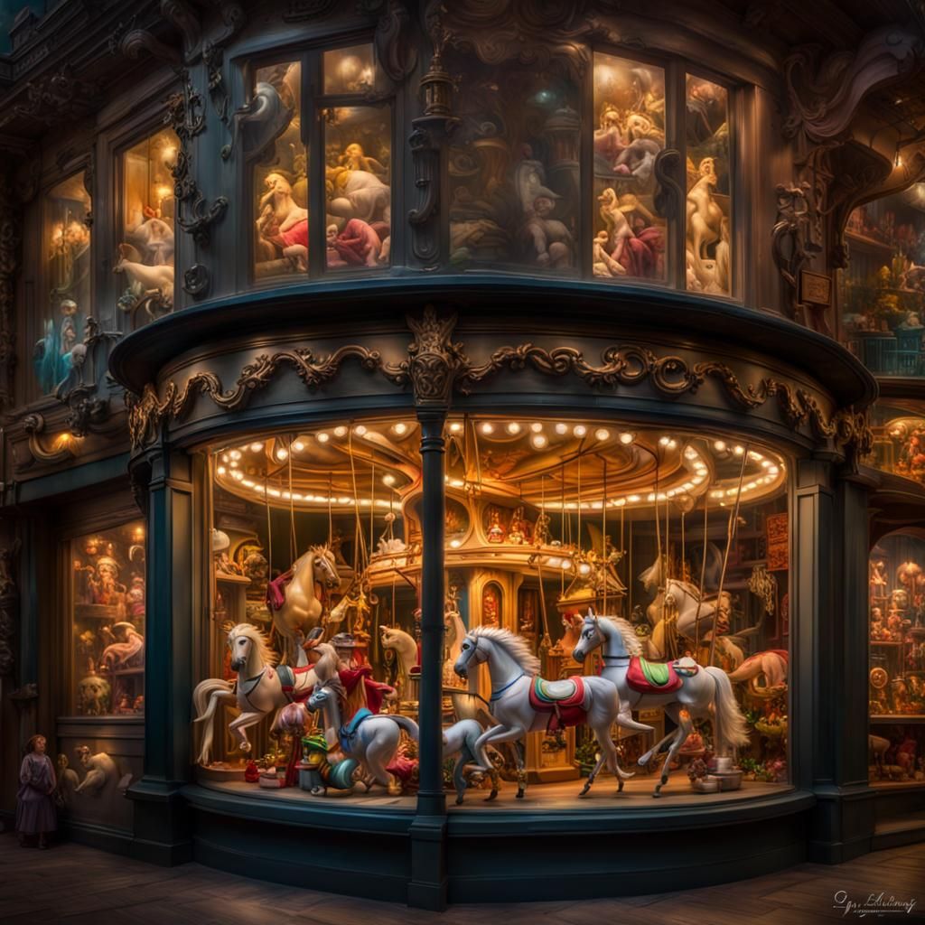 Enchanting Toy Shop Window Display in Dark Fantasy Style
