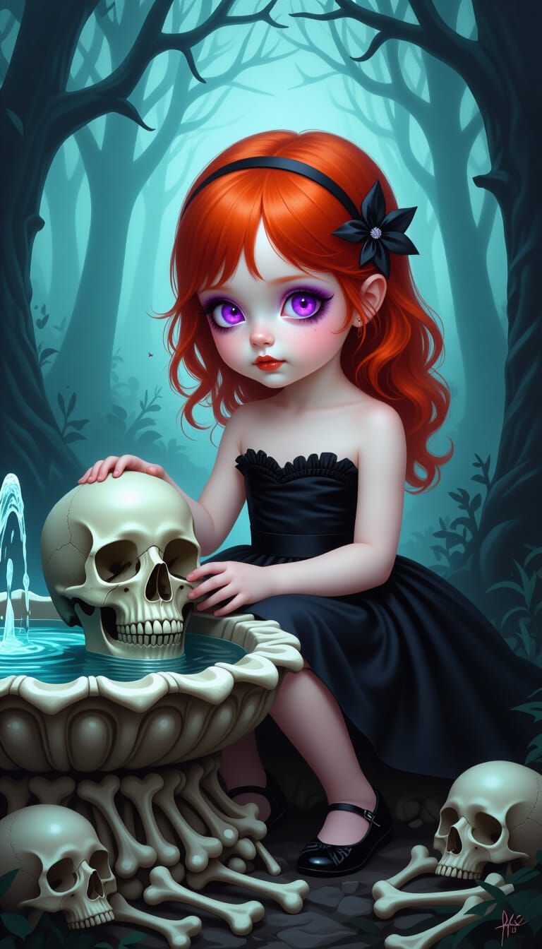 Girl with Skull in Dark Forest, Astral Illustration