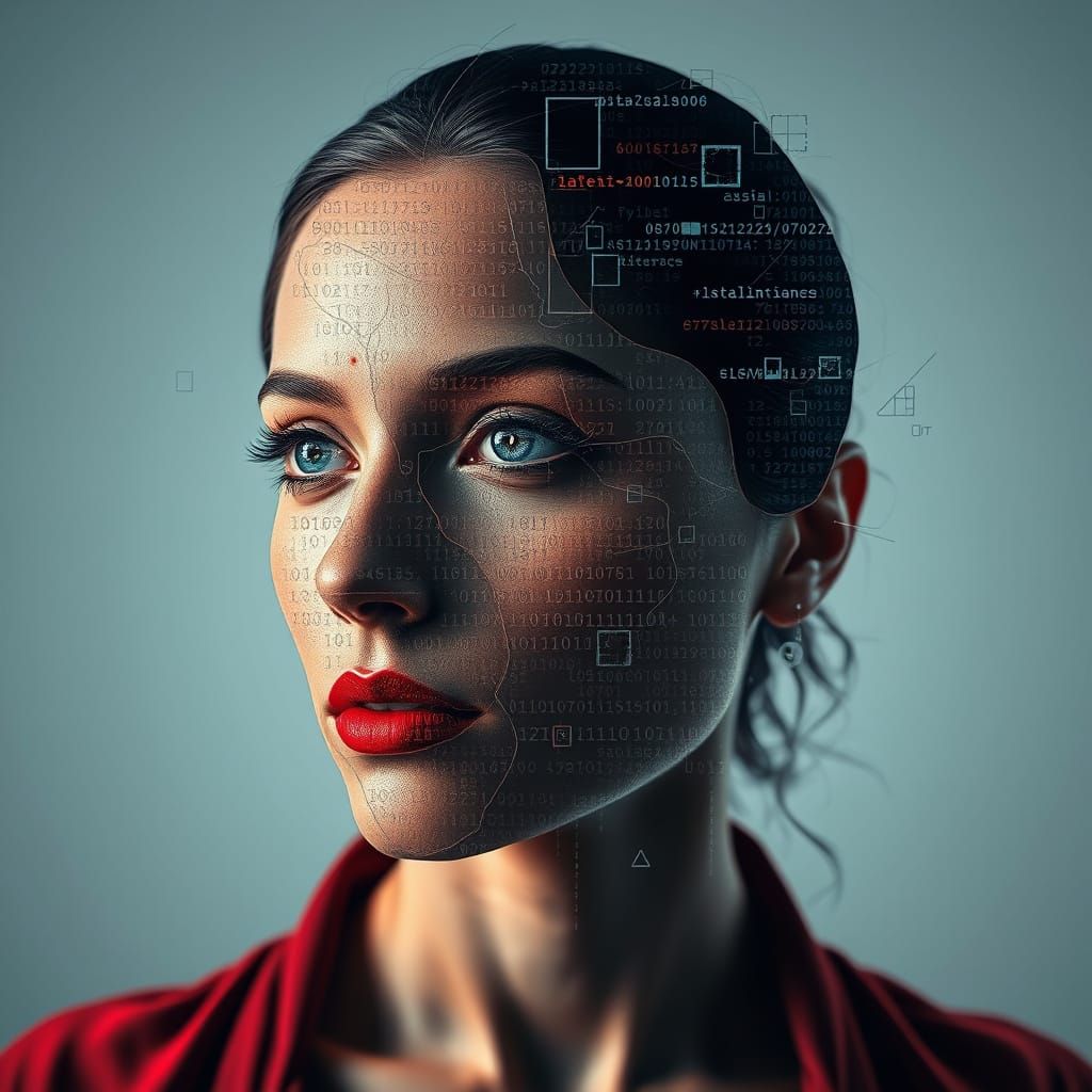 "A modern reinterpretation of Picasso’s Cubism using glitch art and AI-generated data visuals, geometric facial forms ma...