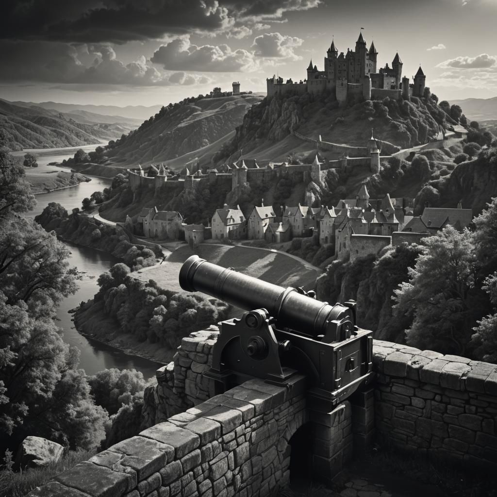 Epic Castle Cannon in Black and White Duotone